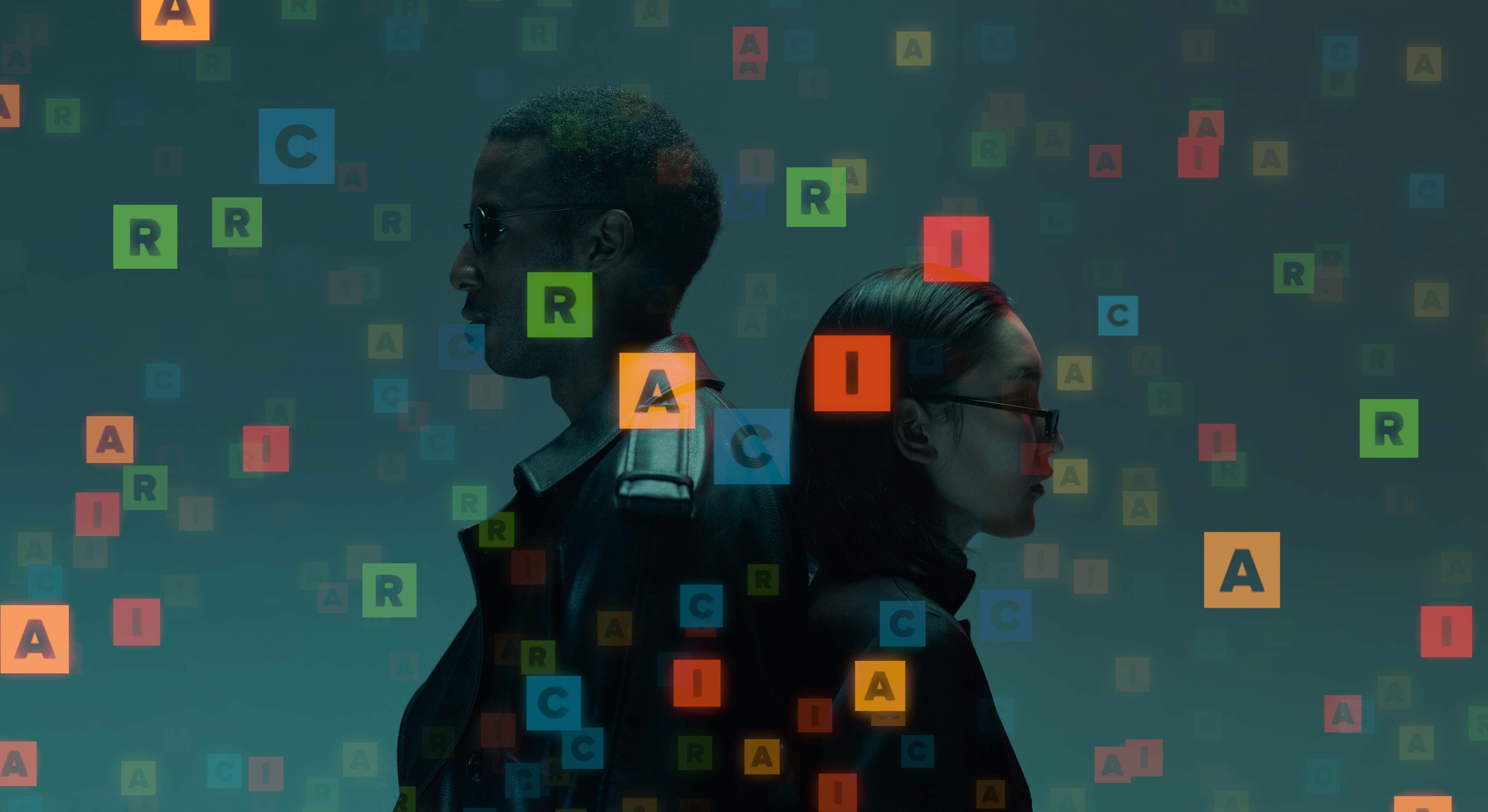 Futuristic duo suggestive of the film "The Matrix" in an abstracted mesh of "RACI" letters