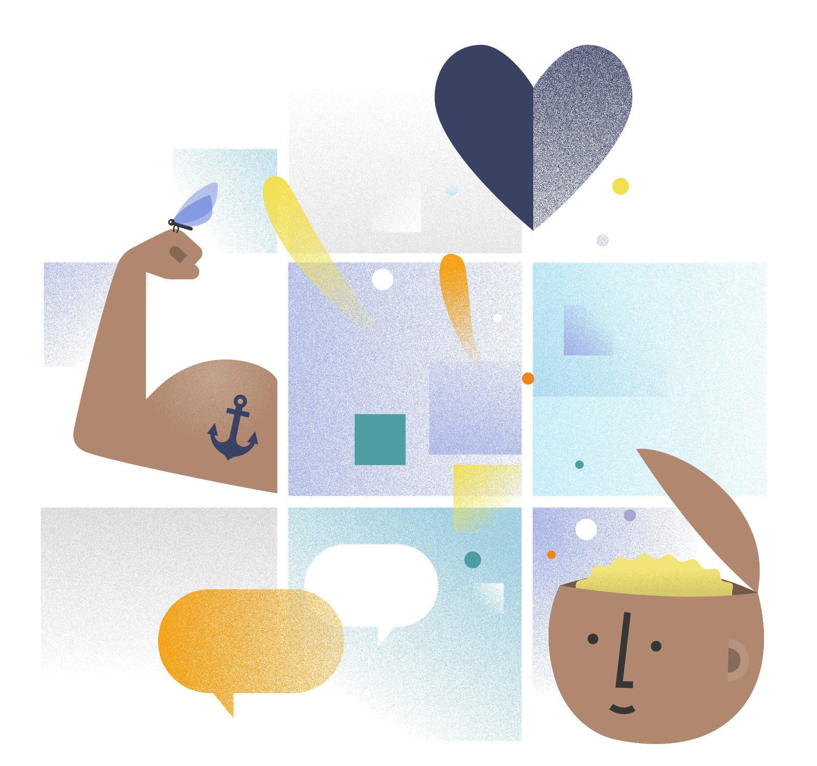 Collage with head, heart and other symbols