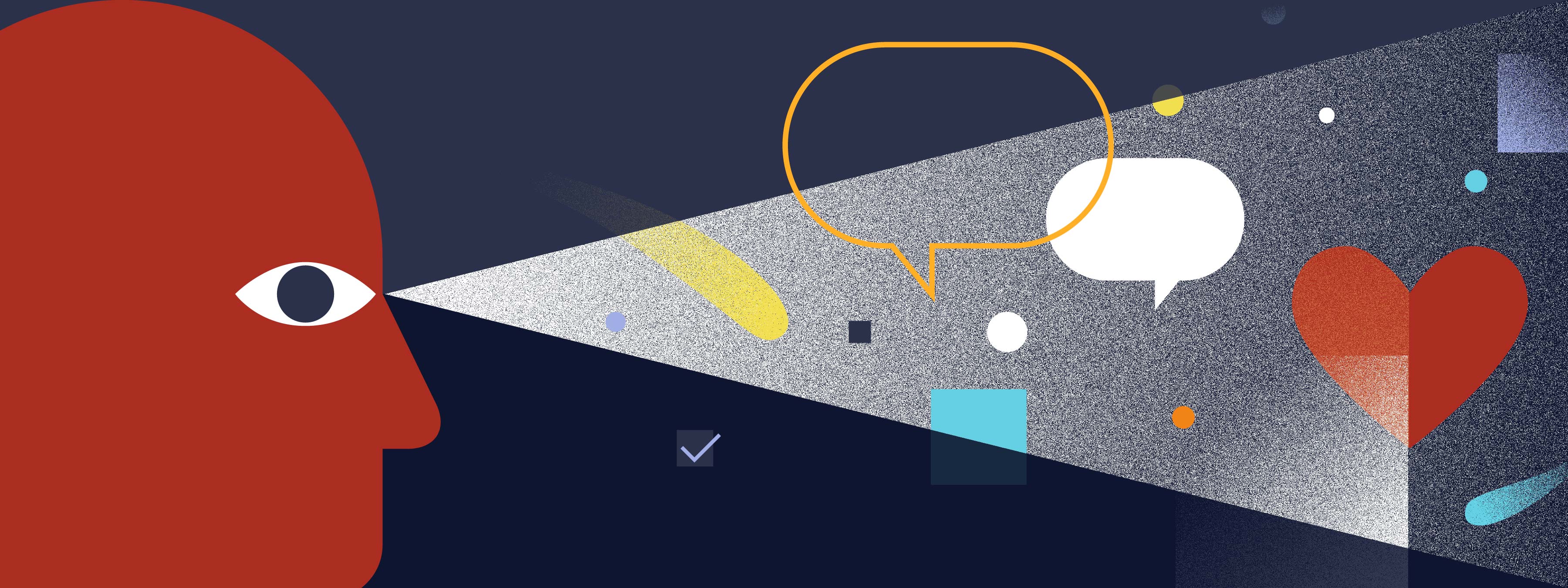 Symbolic face looking at symbols of communication and transparency