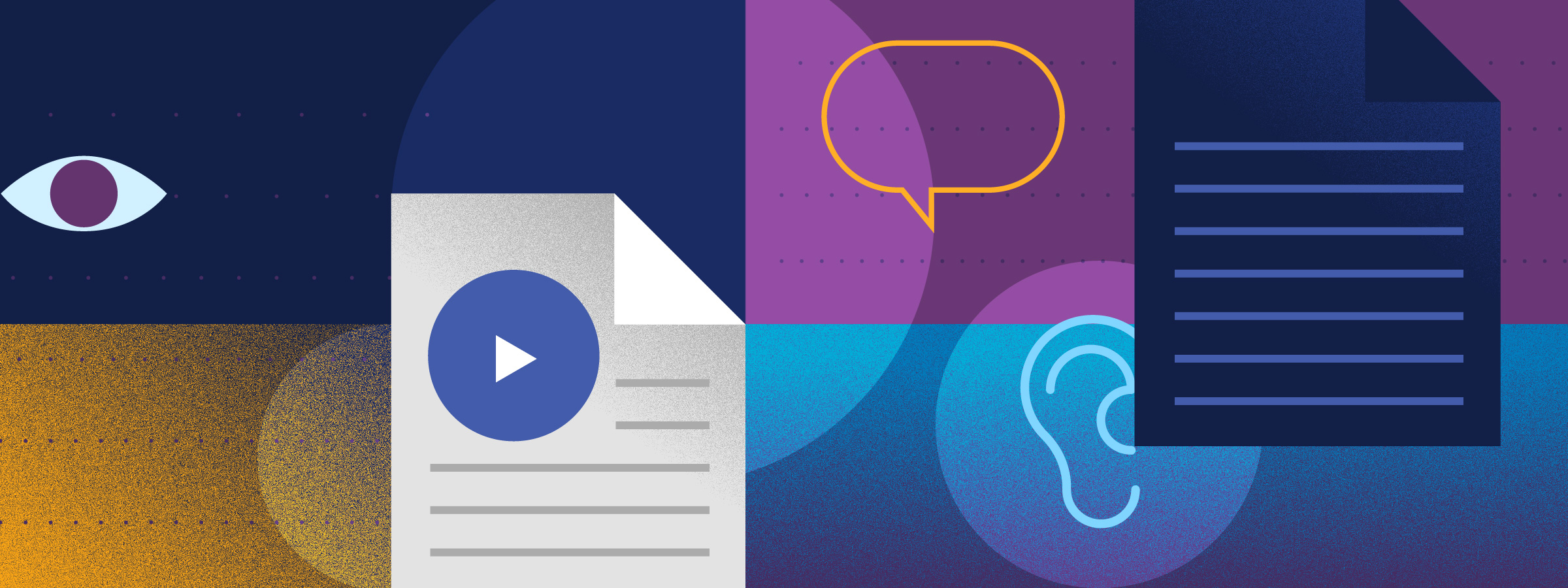Illustration combining graphics of documents and videos with, eyes, ears, and speech symbols