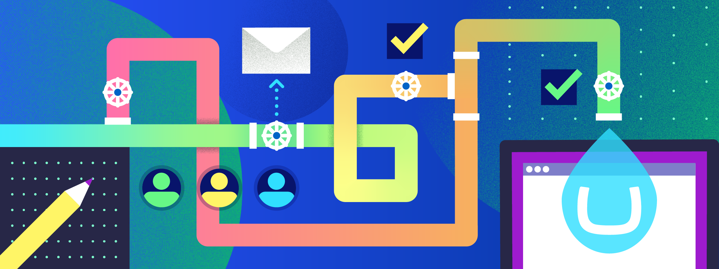 Stylized workflow diagram based on plumbing 
