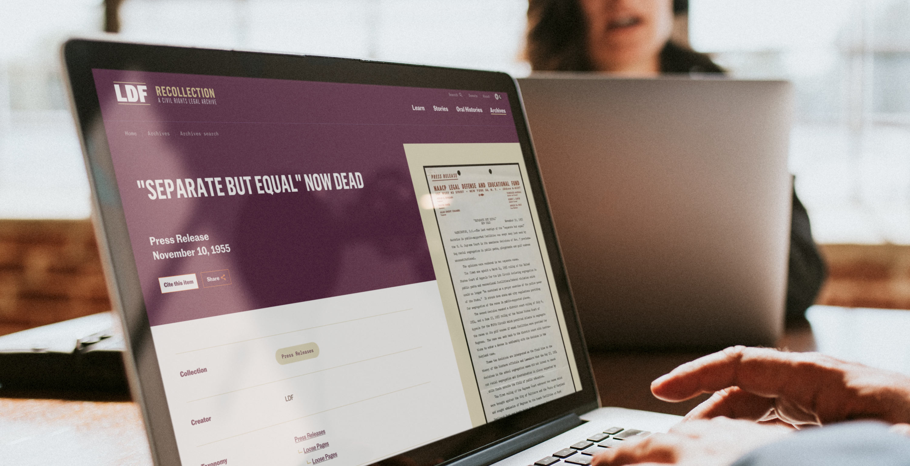 Laptop displaying an item from the LDF Archives, "'Separate but equal' now dead"