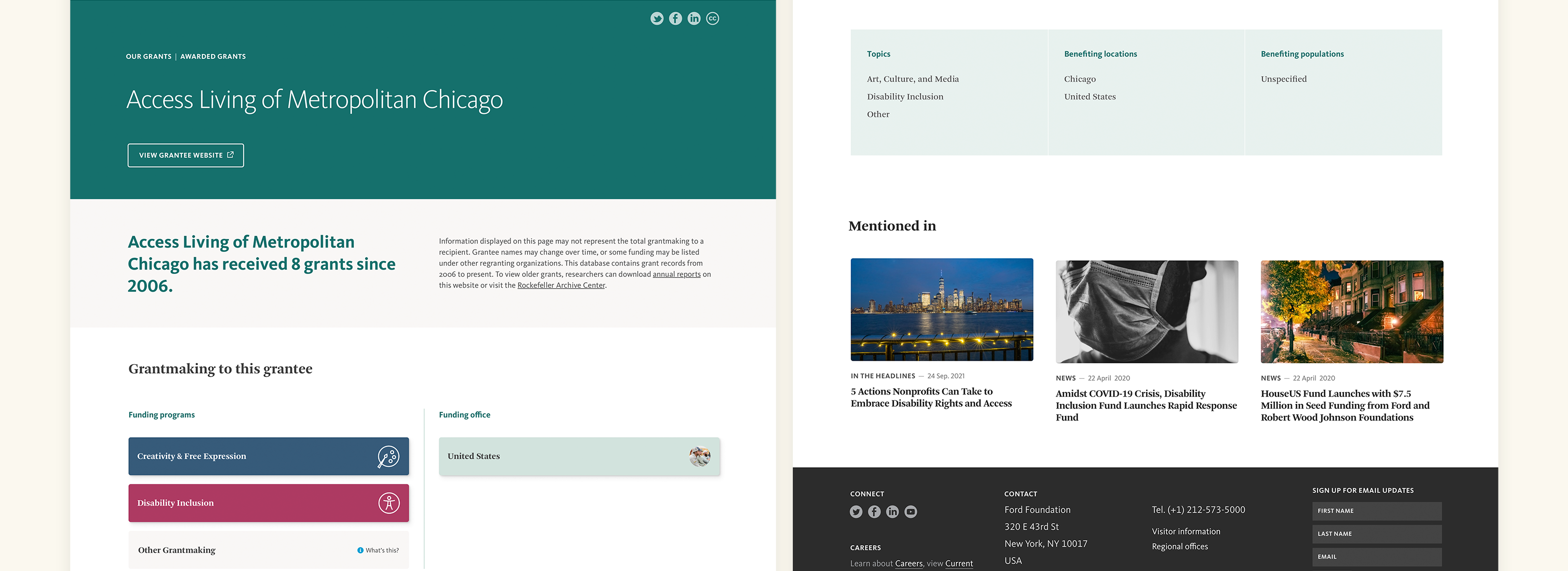 Screen shot of example grantee detail page
