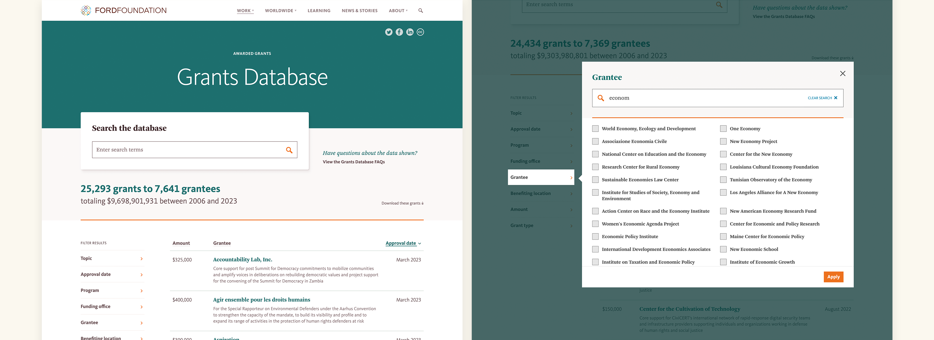 Screenshots of grants listing and filter panel